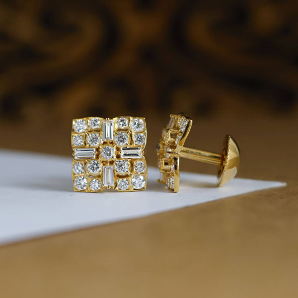 Stunning Close Setting 1.26 Cts Baguette and Round Lab Diamonds Stud Earrings In 22K Gold