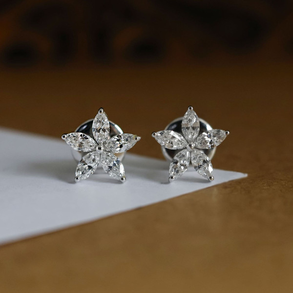 Marquise Shaped Lab Created White Gold Floral Leaves Design Studs Earrings 
