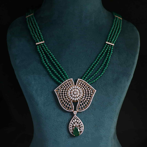 Green Onex Beads Long Set Lab Grown Diamond Necklace