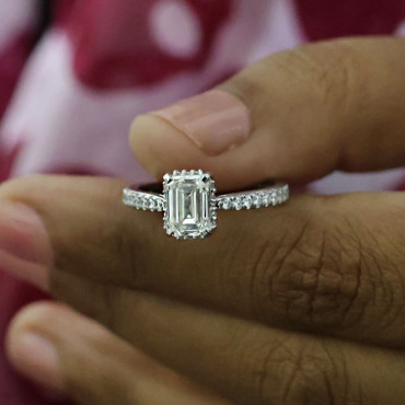 Colorless Emerald Cut Lab Grown Engagement Ring With Hidden Halo 